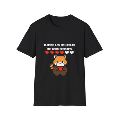 Gaming Red Panda T‑Shirt — "Running Low on Health and Good Decisions"
