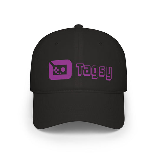 Tagsy Logo Baseball Cap — Low Profile Black Hat with Purple Gamer Icon