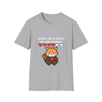 Gaming Red Panda T‑Shirt — "Running Low on Health and Good Decisions"