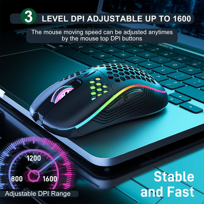 Wireless Gaming Mouse  Lightweight with 800-1200-1600 DPI Honeycomb Shell Programmable 6 Buttons