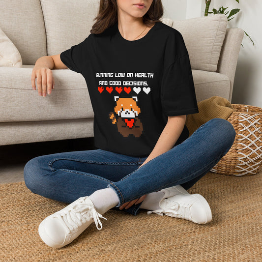 Gaming Red Panda T‑Shirt — "Running Low on Health and Good Decisions"