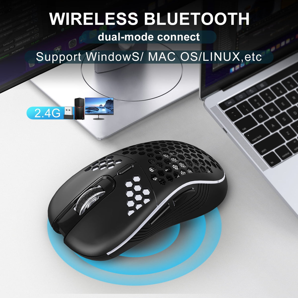 Wireless Gaming Mouse  Lightweight with 800-1200-1600 DPI Honeycomb Shell Programmable 6 Buttons
