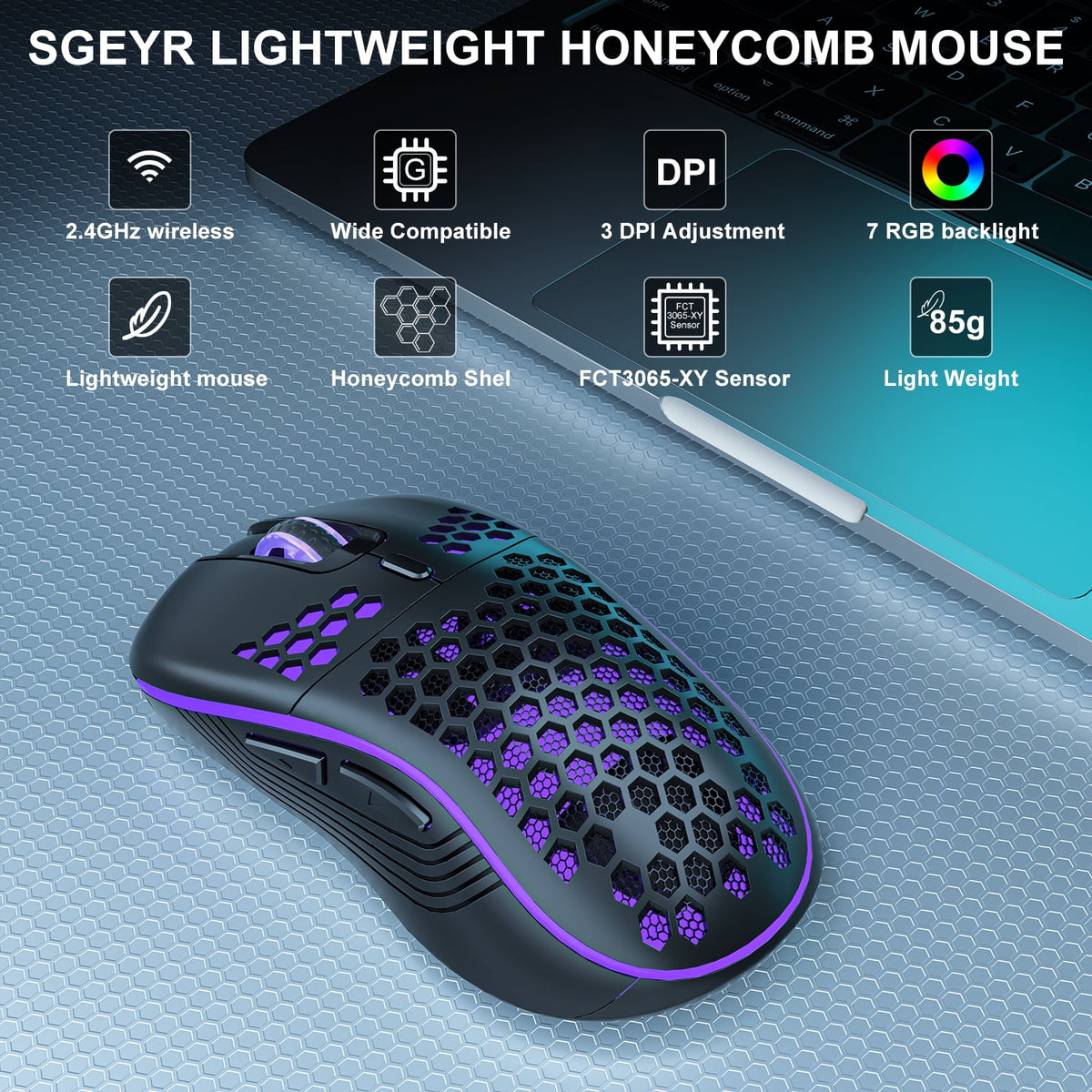 Wireless Gaming Mouse  Lightweight with 800-1200-1600 DPI Honeycomb Shell Programmable 6 Buttons